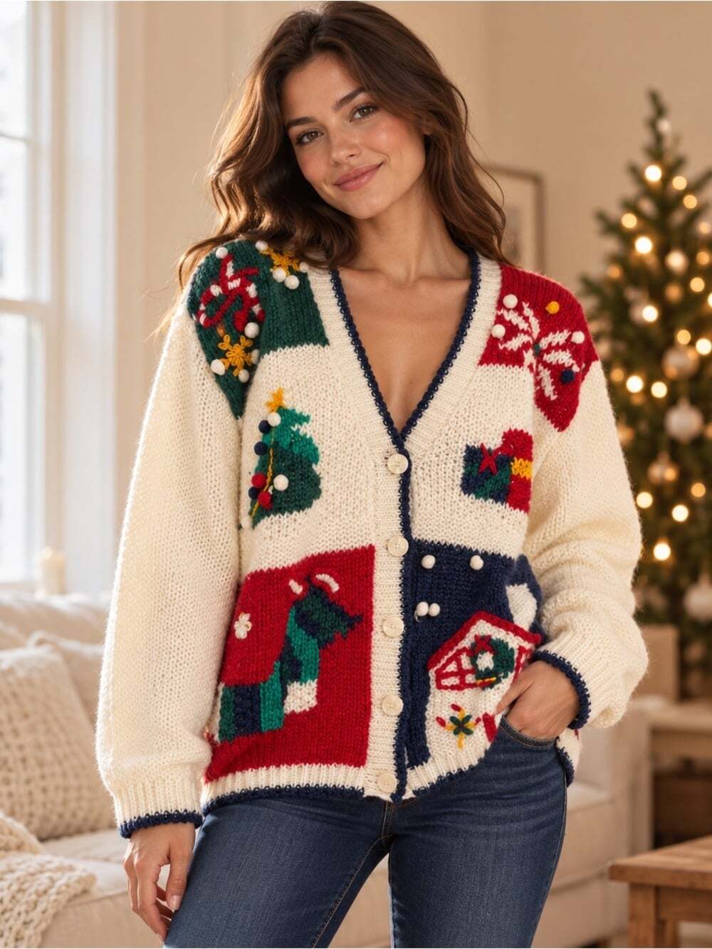 Huntington Ridge Christmas Cardigan Vintage Holiday Knit Trees Presents L